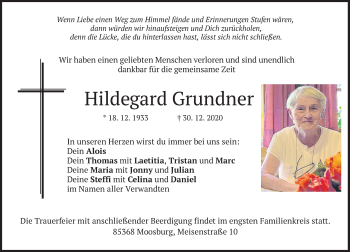 Traueranzeige von Hildegard Grundner von merkurtz