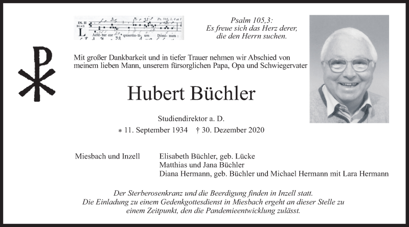 Traueranzeige für Hubert Büchler vom 02.01.2021 aus merkurtz