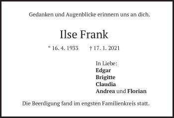 Traueranzeige von Ilse Frank von merkurtz