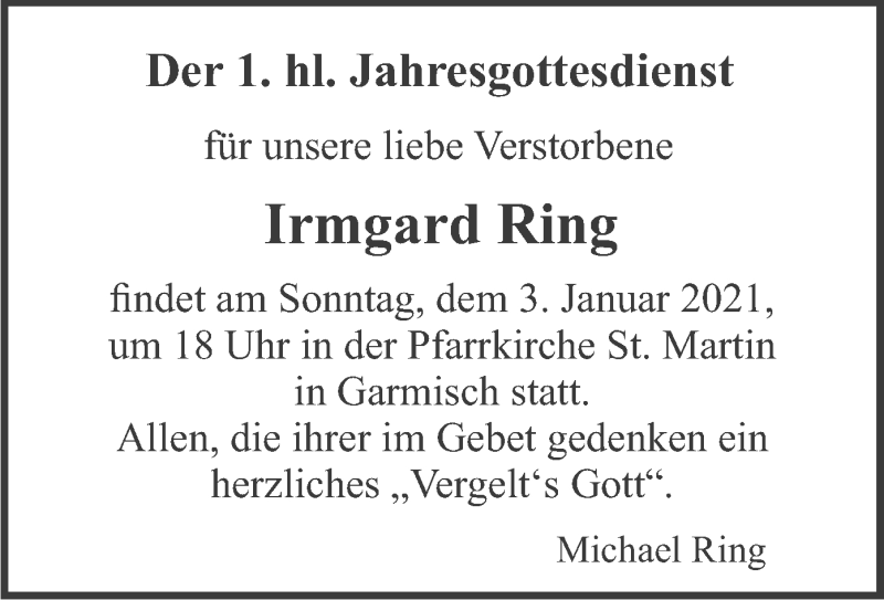  Traueranzeige für Irmgard Ring vom 02.01.2021 aus merkurtz