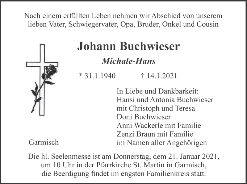  Traueranzeige für Johann Buchwieser vom 19.01.2021 aus merkurtz
