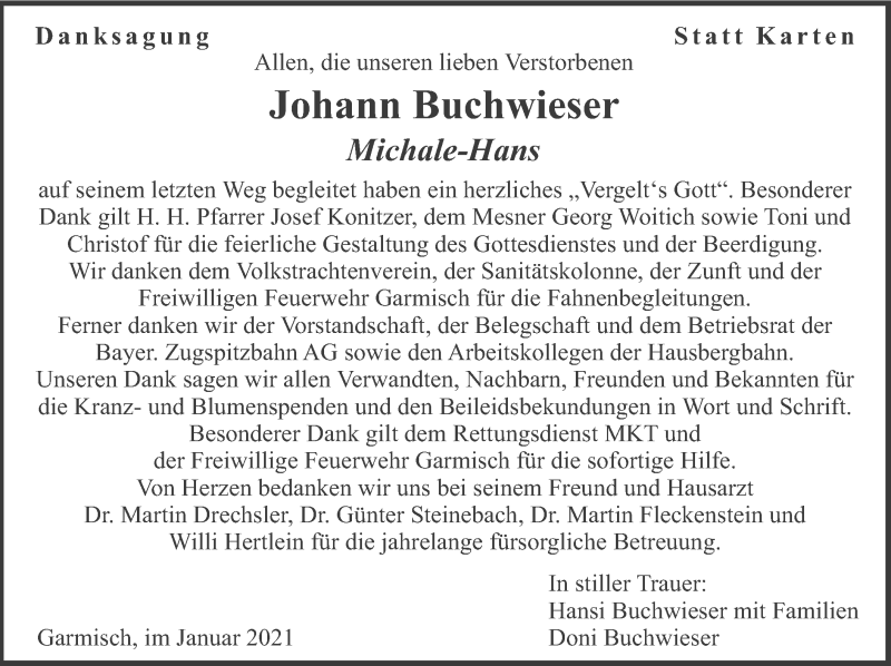  Traueranzeige für Johann Buchwieser vom 30.01.2021 aus merkurtz