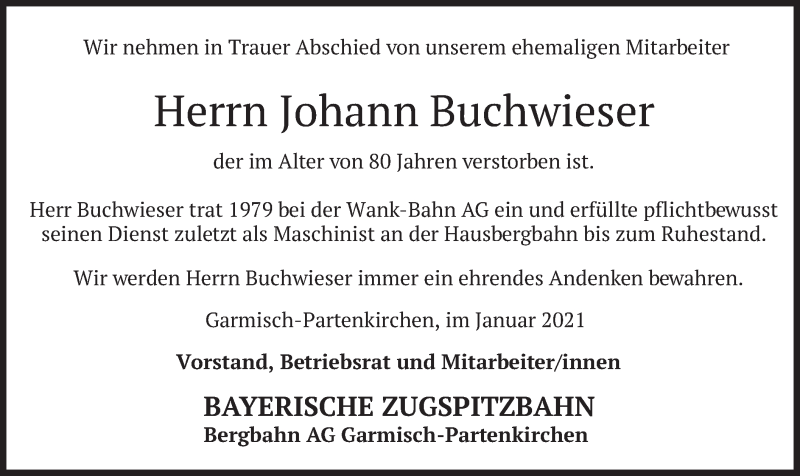  Traueranzeige für Johann Buchwieser vom 21.01.2021 aus merkurtz