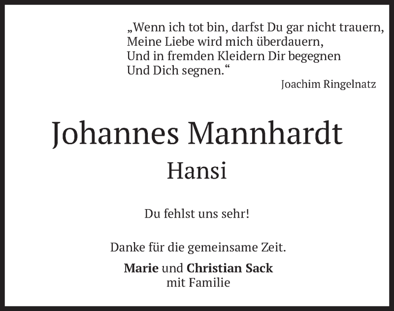  Traueranzeige für Johannes Mannhardt vom 19.01.2021 aus merkurtz