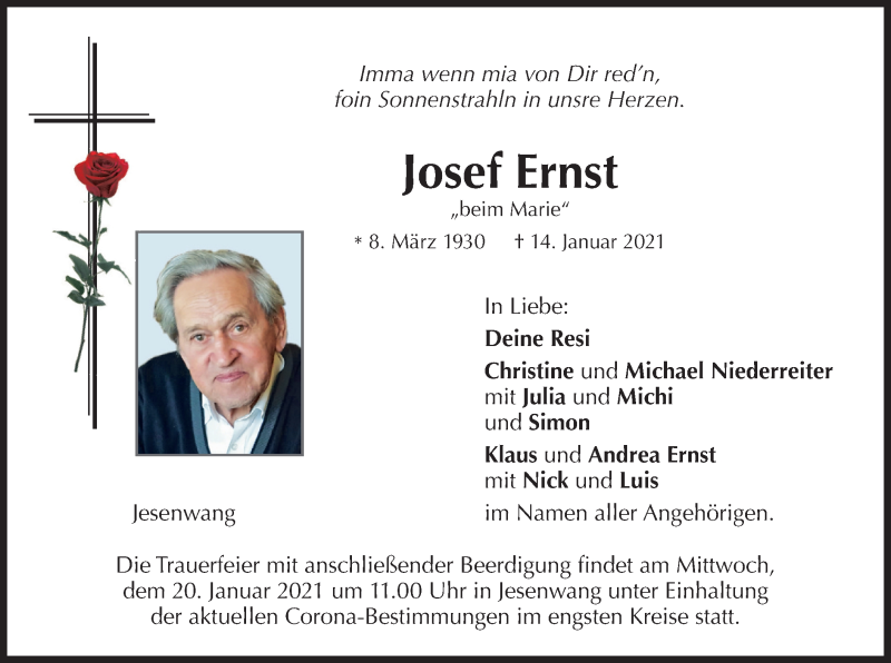  Traueranzeige für Josef Ernst vom 18.01.2021 aus merkurtz