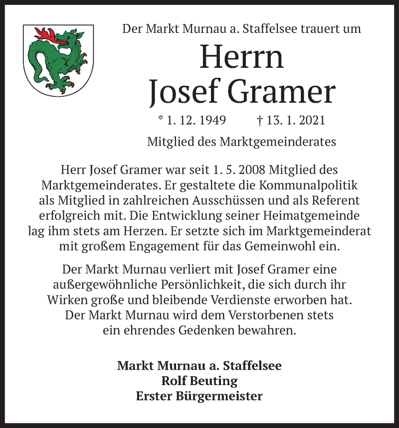  Traueranzeige für Josef Gramer vom 16.01.2021 aus merkurtz