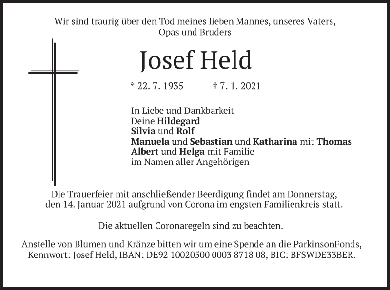  Traueranzeige für Josef Held vom 12.01.2021 aus merkurtz