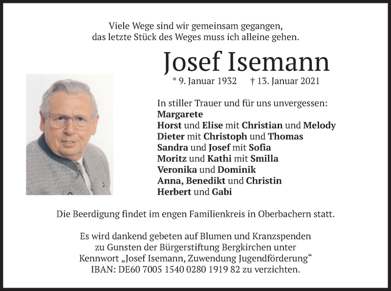  Traueranzeige für Josef Isemann vom 16.01.2021 aus merkurtz