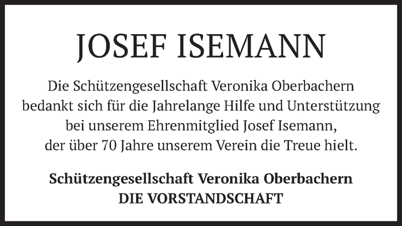  Traueranzeige für Josef Isenmann vom 18.01.2021 aus merkurtz