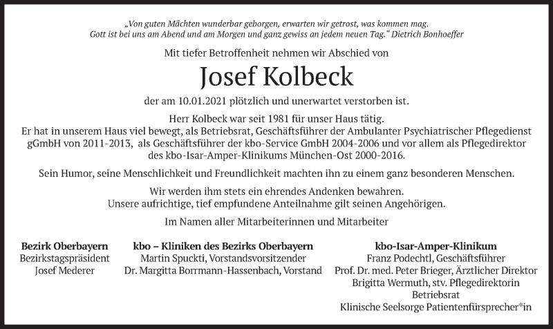  Traueranzeige für Josef Kolbeck vom 13.01.2021 aus merkurtz