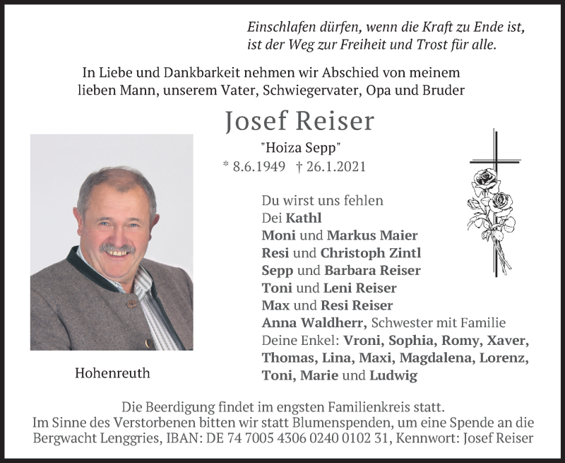  Traueranzeige für Josef Reiser vom 28.01.2021 aus merkurtz