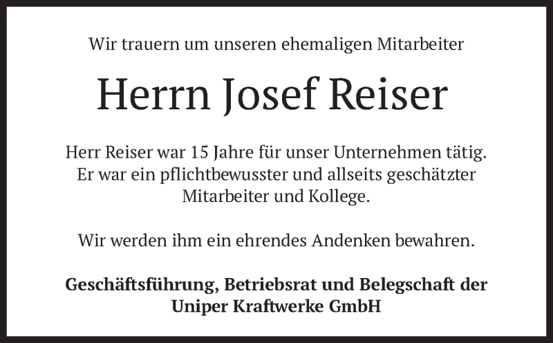  Traueranzeige für Josef Reiser vom 30.01.2021 aus merkurtz