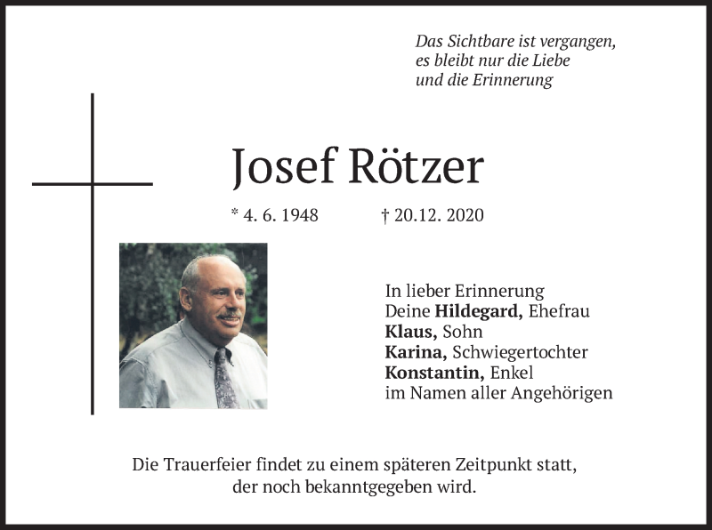  Traueranzeige für Josef Rötzer vom 02.01.2021 aus merkurtz