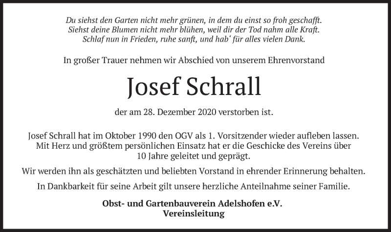  Traueranzeige für Josef Schrall vom 09.01.2021 aus merkurtz