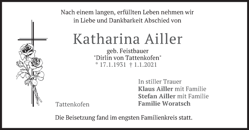 Traueranzeige für Katharina Ailler vom 07.01.2021 aus merkurtz