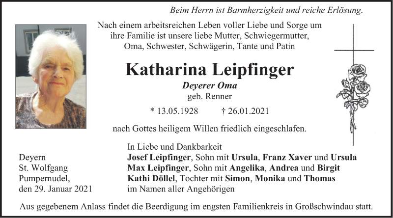  Traueranzeige für Katharina Leipfinger vom 29.01.2021 aus merkurtz