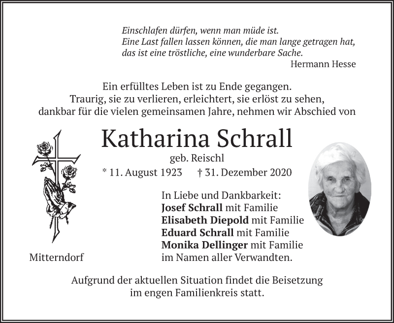  Traueranzeige für Katharina Schrall vom 09.01.2021 aus merkurtz