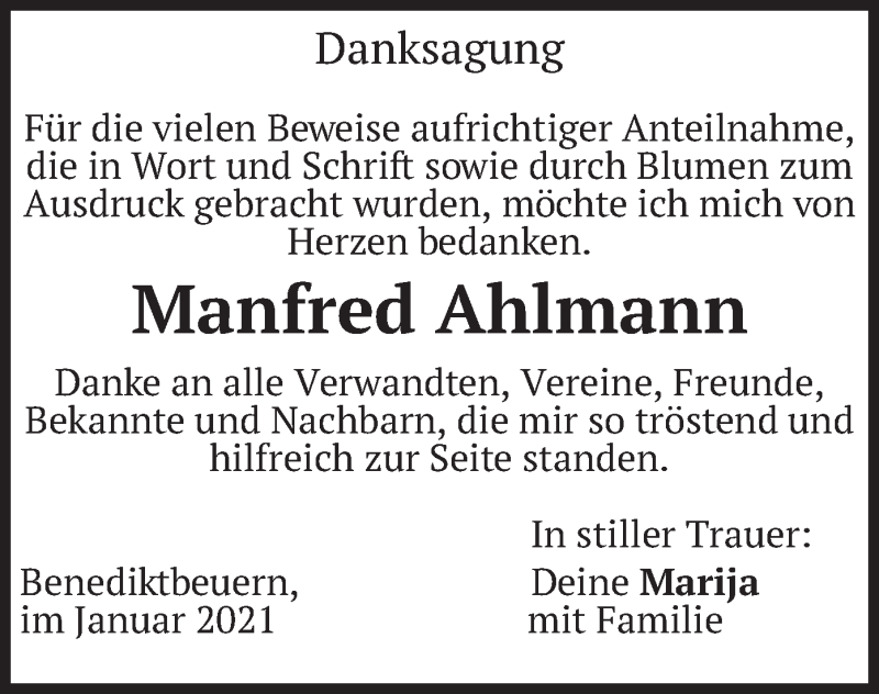  Traueranzeige für Manfred Ahlmann vom 23.01.2021 aus merkurtz
