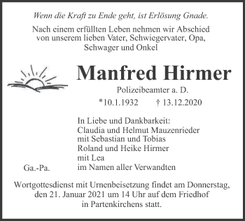 Traueranzeige von Manfred Hirmer