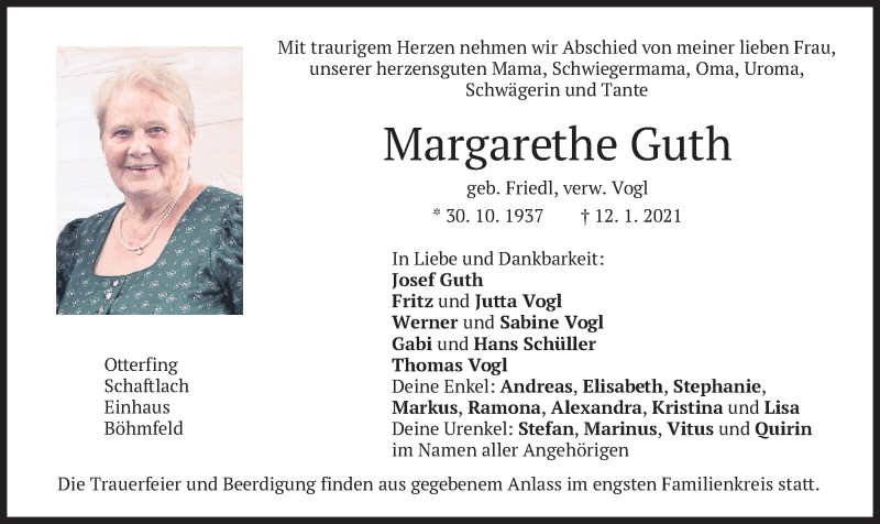  Traueranzeige für Margarethe Guth vom 16.01.2021 aus merkurtz