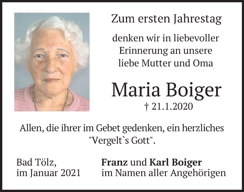  Traueranzeige für Maria Boiger vom 23.01.2021 aus merkurtz