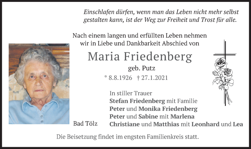  Traueranzeige für Maria Friedenberg vom 30.01.2021 aus merkurtz