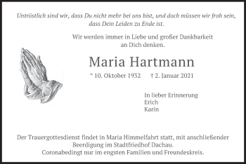 Traueranzeige von Maria Hartmann