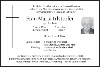 Traueranzeige von Maria Irlstorfer von merkurtz