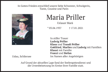 Traueranzeige von Maria Priller von merkurtz