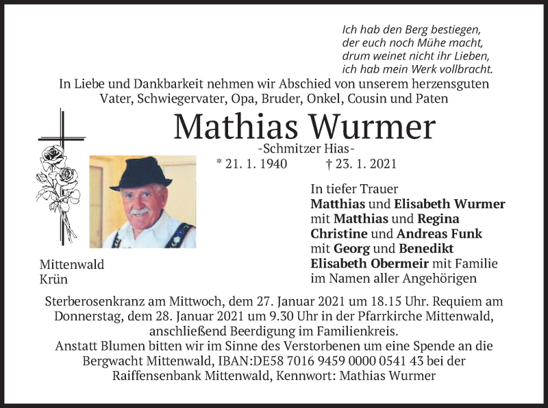  Traueranzeige für Mathias Wurmer vom 26.01.2021 aus merkurtz