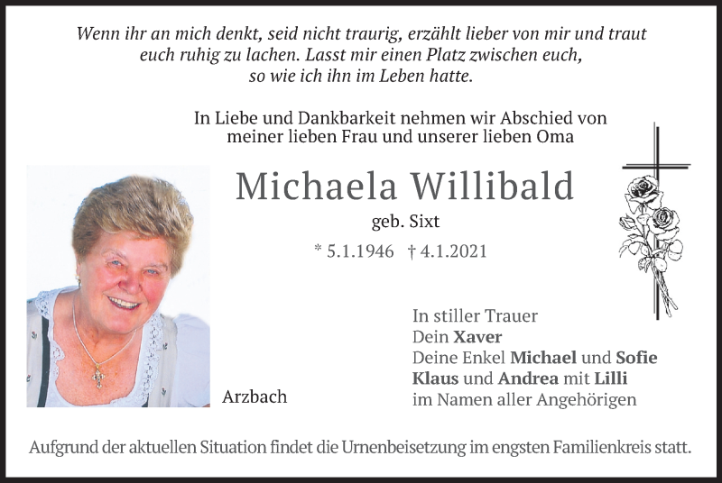  Traueranzeige für Michaela Willibald vom 16.01.2021 aus merkurtz