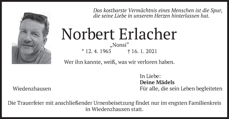  Traueranzeige für Norbert Erlacher vom 23.01.2021 aus merkurtz