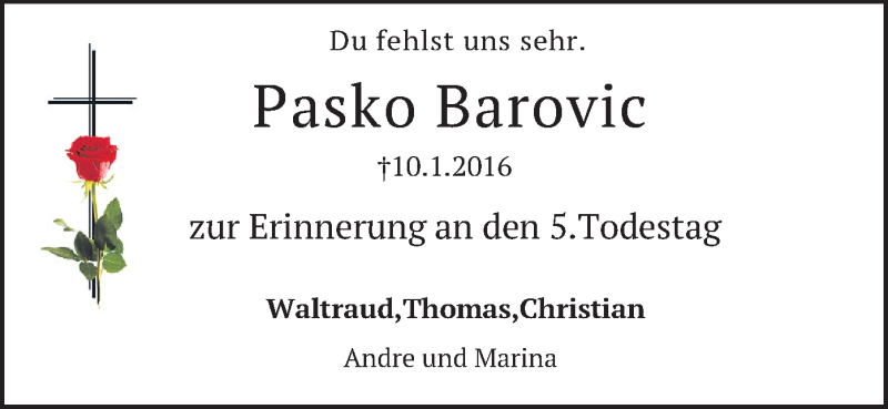  Traueranzeige für Pasko Barovic vom 09.01.2021 aus merkurtz