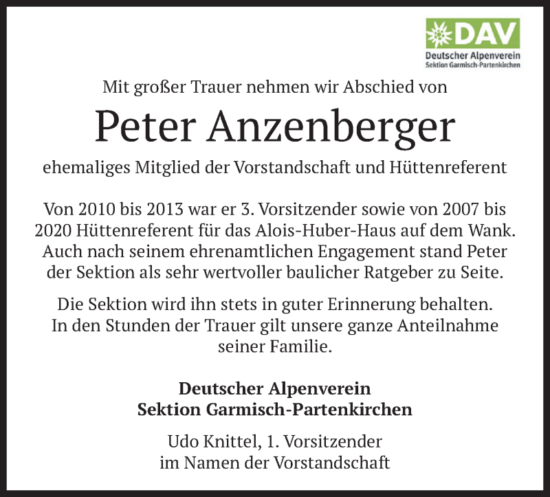  Traueranzeige für Peter Anzenberger vom 28.01.2021 aus merkurtz