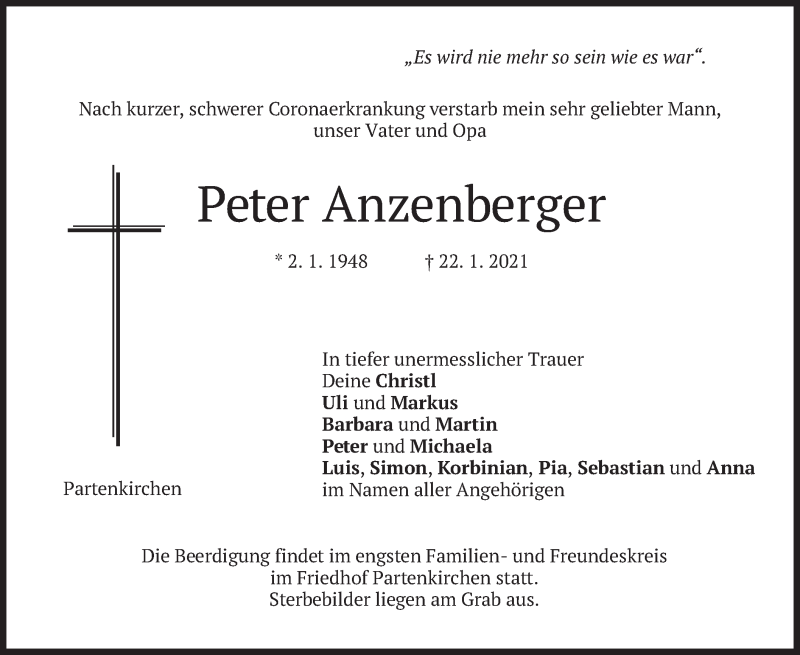  Traueranzeige für Peter Anzenberger vom 27.01.2021 aus merkurtz