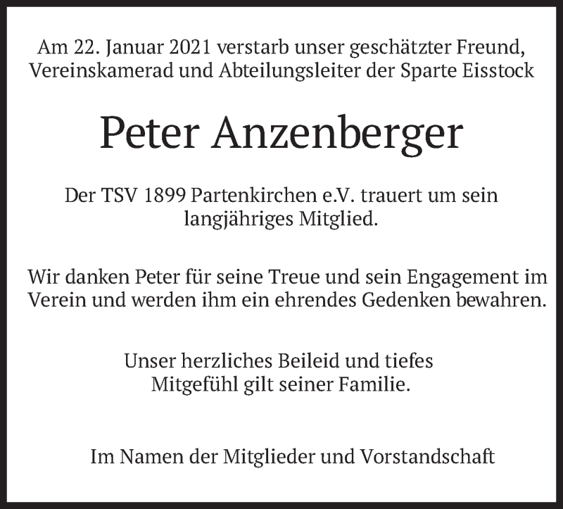  Traueranzeige für Peter Anzenberger vom 29.01.2021 aus merkurtz