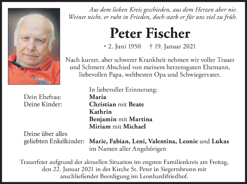  Traueranzeige für Peter Fischer vom 21.01.2021 aus merkurtz