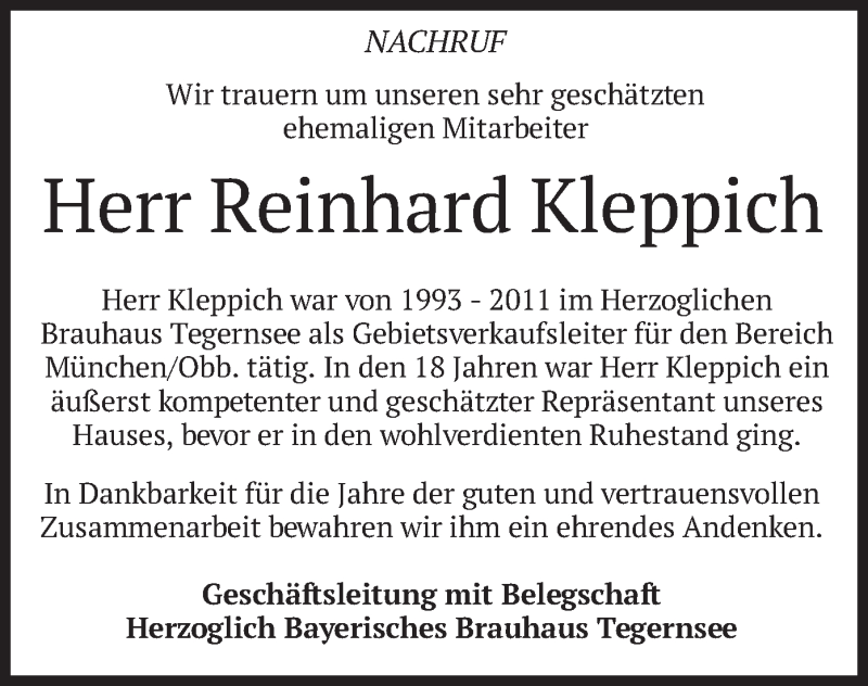  Traueranzeige für Reinhard Kleppich vom 30.01.2021 aus merkurtz