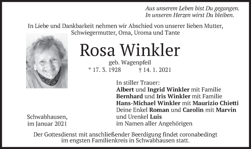  Traueranzeige für Rosa Winkler vom 16.01.2021 aus merkurtz