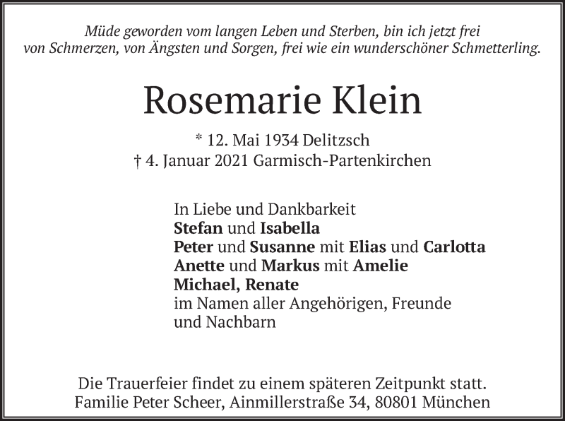  Traueranzeige für Rosemarie Klein vom 16.01.2021 aus merkurtz