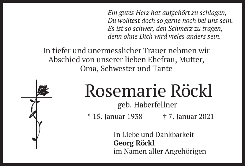  Traueranzeige für Rosemarie Röckl vom 11.01.2021 aus merkurtz