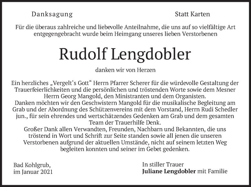  Traueranzeige für Rudolf Lengdobler vom 30.01.2021 aus merkurtz
