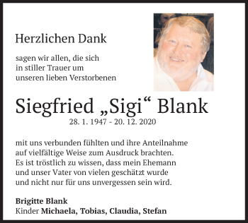 Traueranzeige von Siegfried Blank