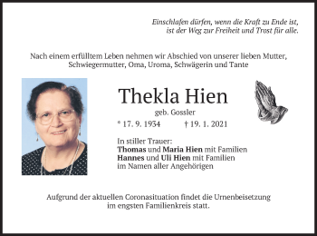 Traueranzeige von Thekla Hien von merkurtz