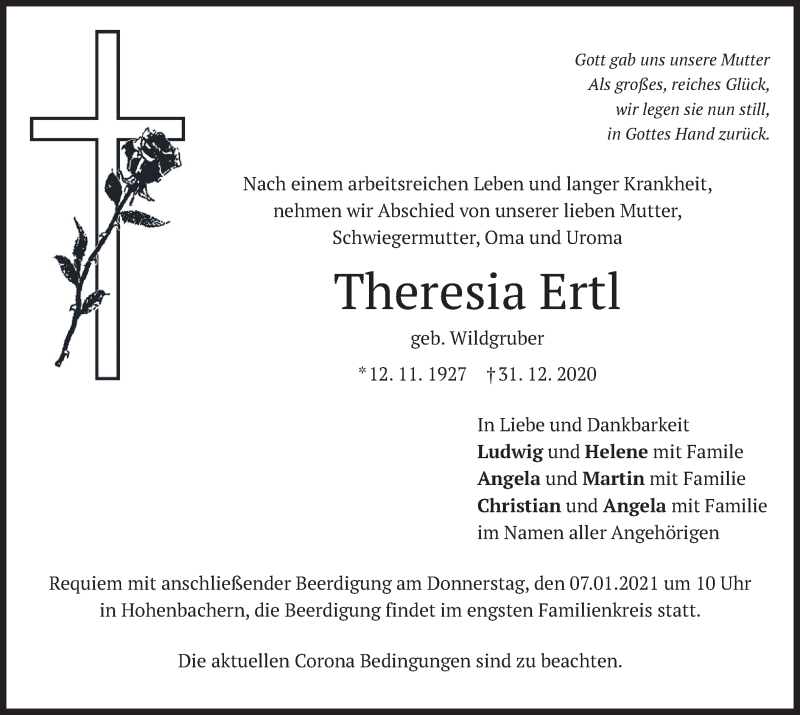  Traueranzeige für Theresia Ertl vom 05.01.2021 aus merkurtz