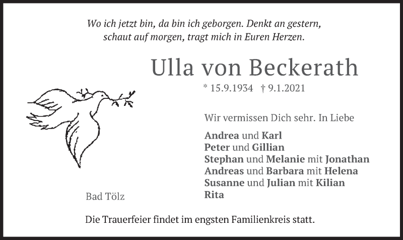  Traueranzeige für Ulla von Beckerath vom 16.01.2021 aus merkurtz