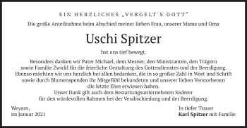 Traueranzeige von Uschi Spitzer von merkurtz