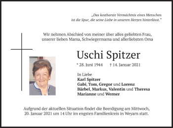 Traueranzeige von Uschi Spitzer von merkurtz