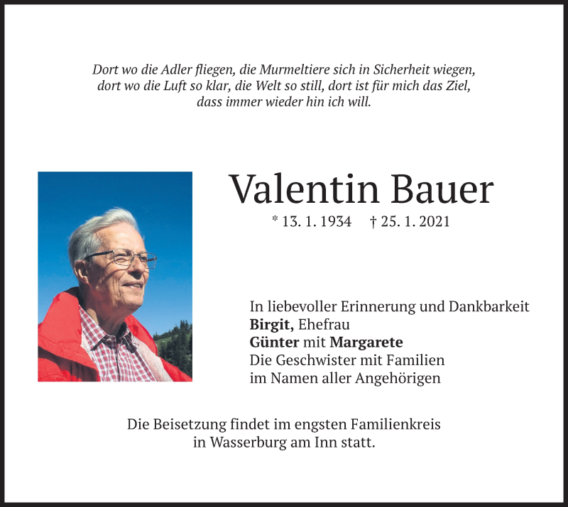  Traueranzeige für Valentin Bauer vom 28.01.2021 aus merkurtz
