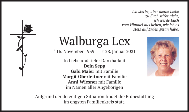  Traueranzeige für Walburga Lex vom 30.01.2021 aus merkurtz